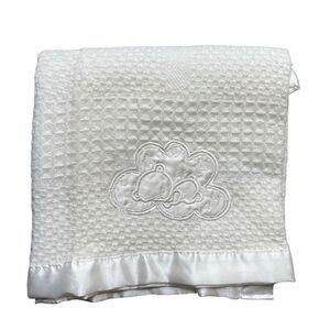 Vintage Kidgets Woven Satin Trim Baby Blanket White Bear Clouds